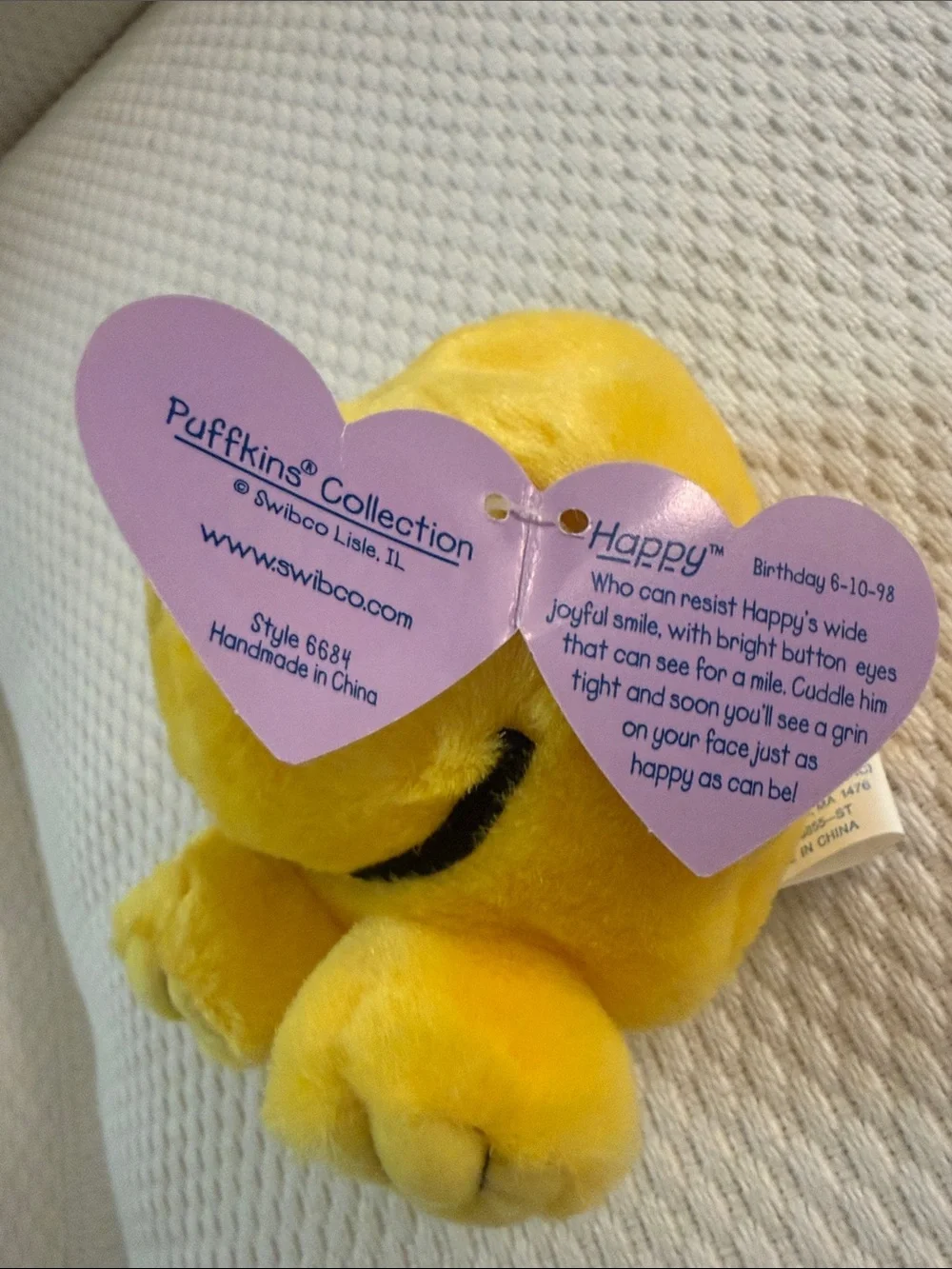 Vintage Swibco Puffkins Happy #6684 Yellow Smiley Face Plush w/ Original Tag